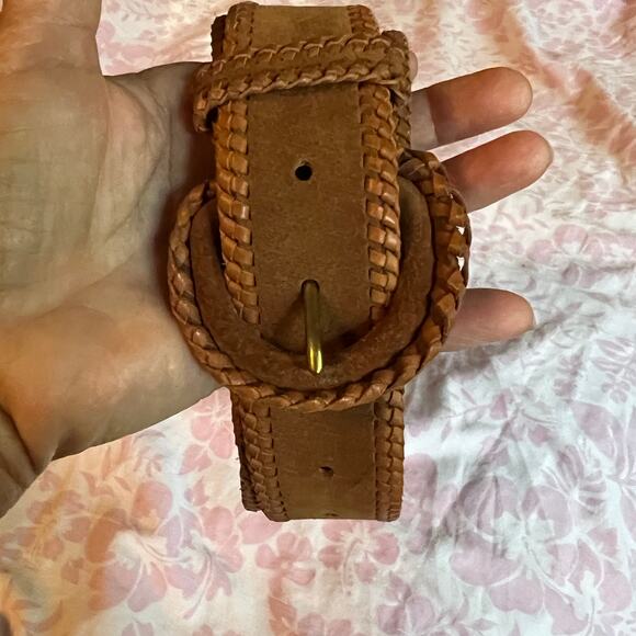 Vintage Lands End tan suede leather belt Western braided trim and buckle 90s Y2K - Picture 4 of 10